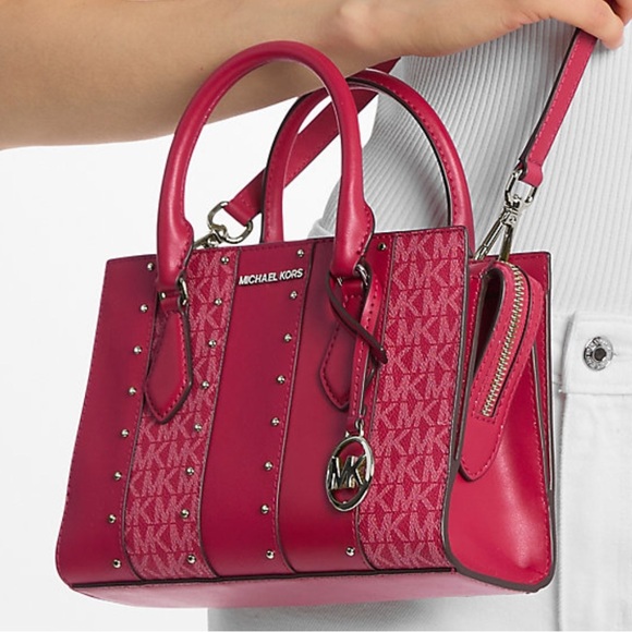 Michael Kors Sheila Small Studded Signature Logo Satchel Dark Raspberry Multi - Picture 10 of 10